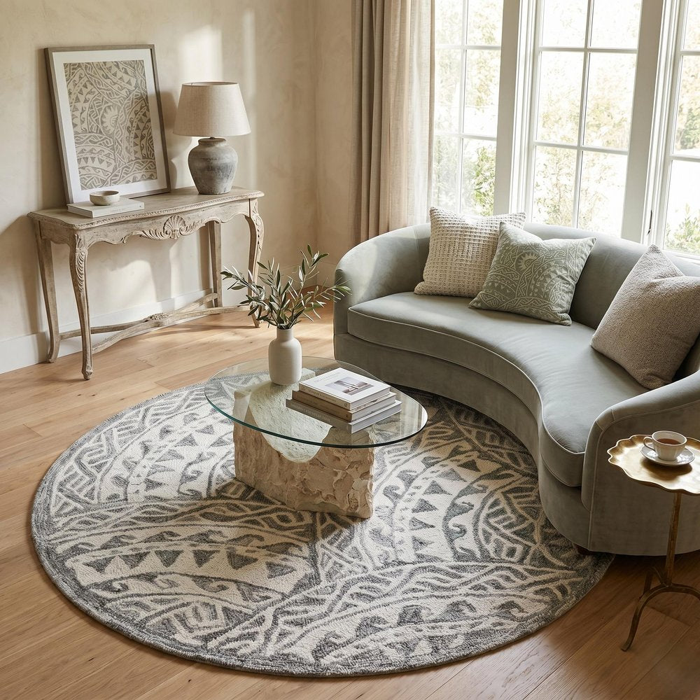 4' Round Gray Decorative Waves Area Rug