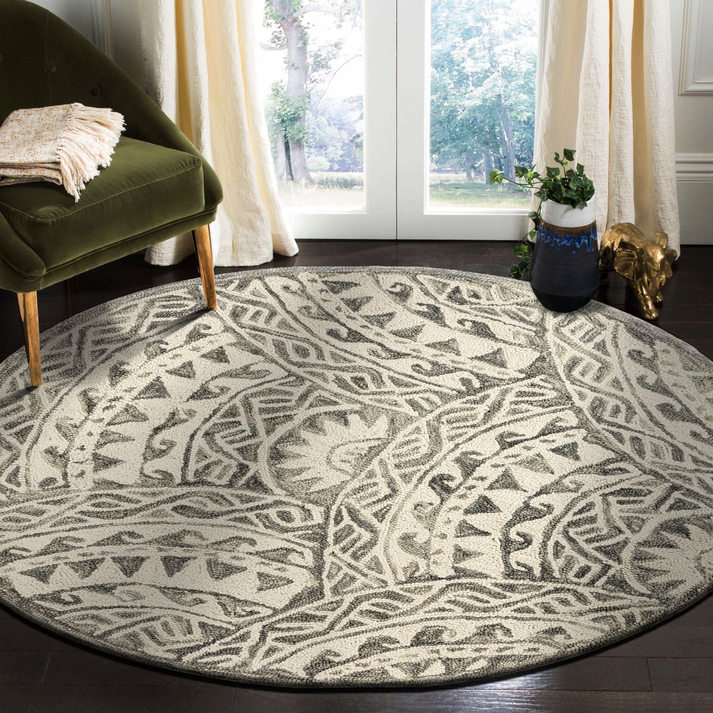 6' Gray Round Wool Geometric Hand Tufted Area Rug