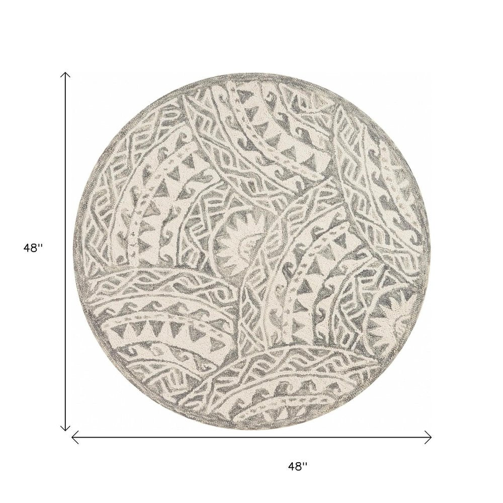 6' Gray Round Wool Geometric Hand Tufted Area Rug