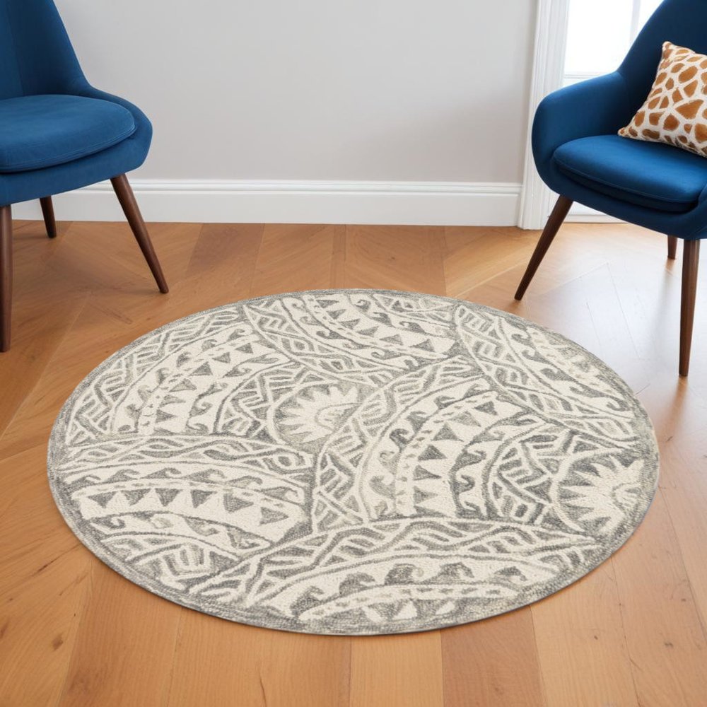 6' Gray Round Wool Geometric Hand Tufted Area Rug