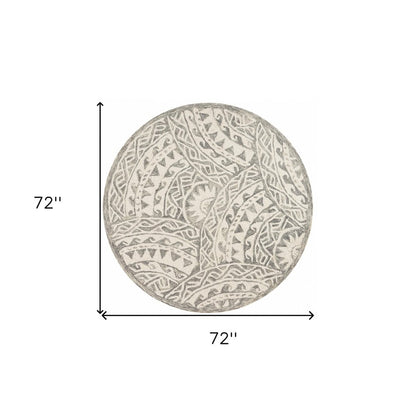 6' Gray Round Wool Geometric Hand Tufted Area Rug