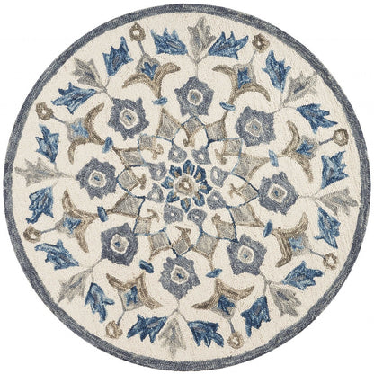 4' Round Blue Floral Oasis Area Rug