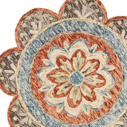 6' Orange And Red Wool Floral Hand Tufted Round Rug