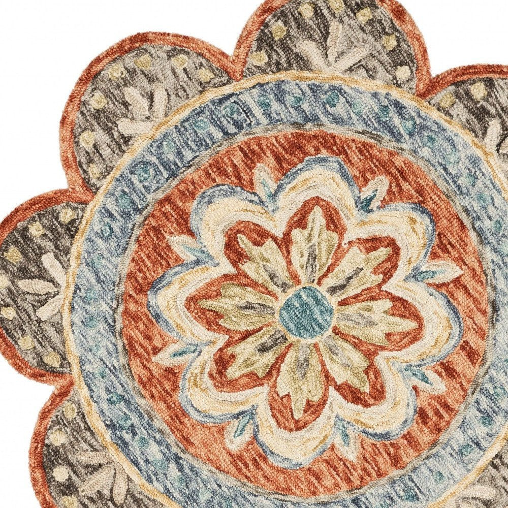 6' Orange And Red Wool Floral Hand Tufted Round Rug