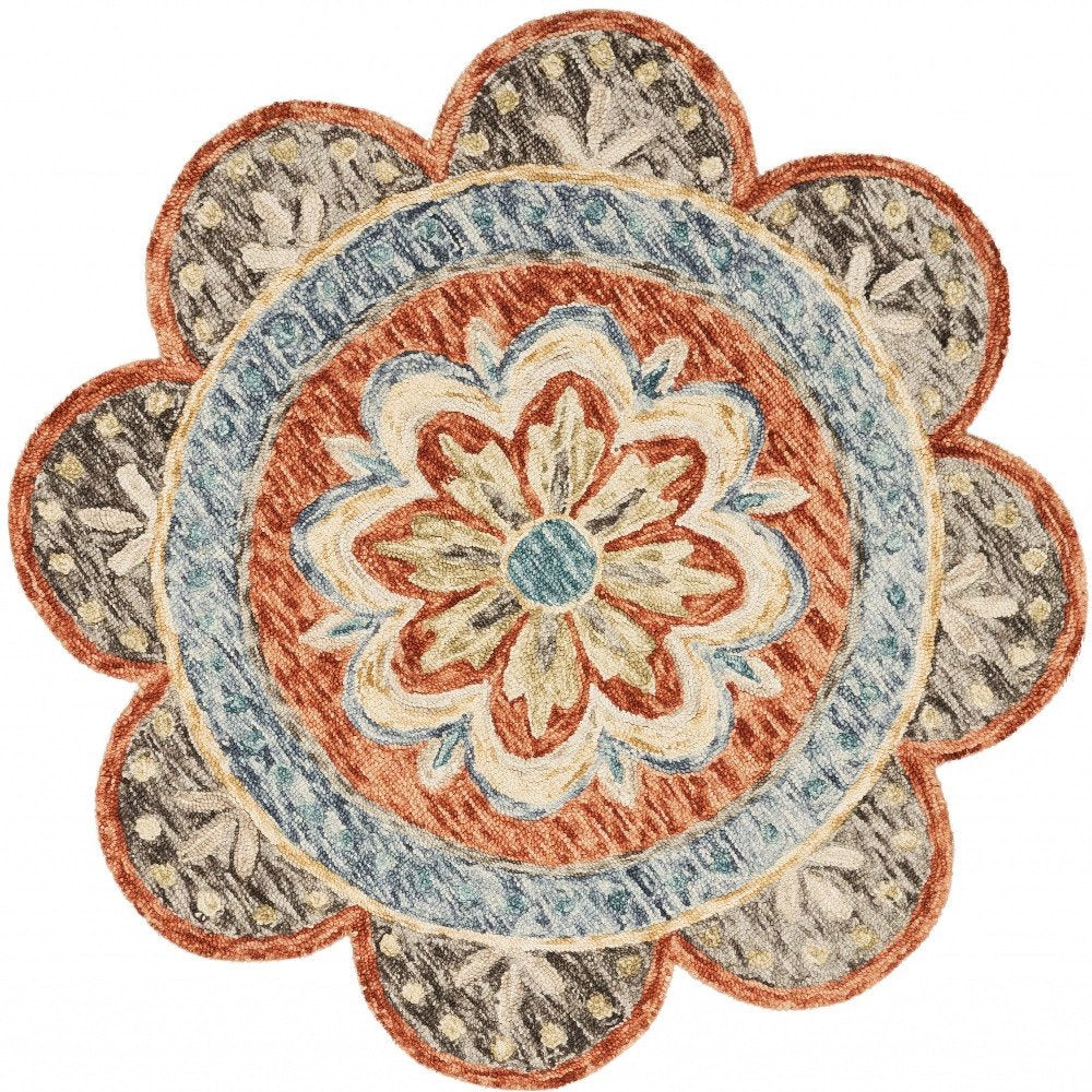 4' Orange And Red Wool Floral Hand Tufted Round Rug