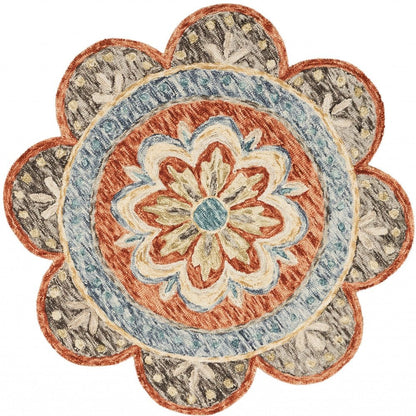 4' Orange And Red Wool Floral Hand Tufted Round Rug