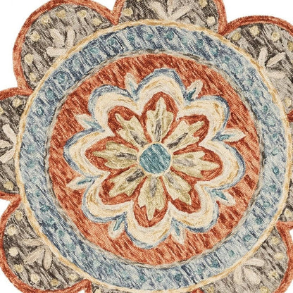 4' Orange And Red Wool Floral Hand Tufted Round Rug