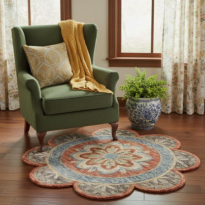 6' Orange And Red Wool Floral Hand Tufted Round Rug