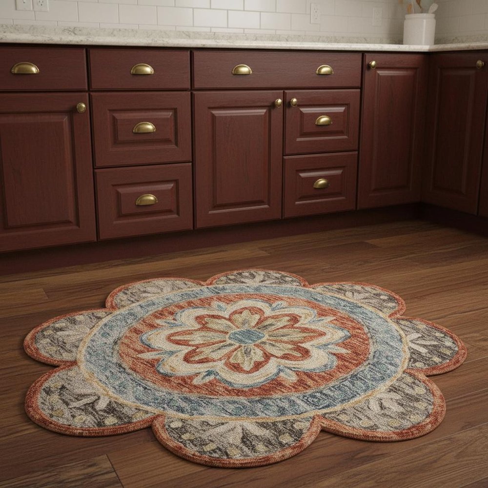 6' Orange And Red Wool Floral Hand Tufted Round Rug