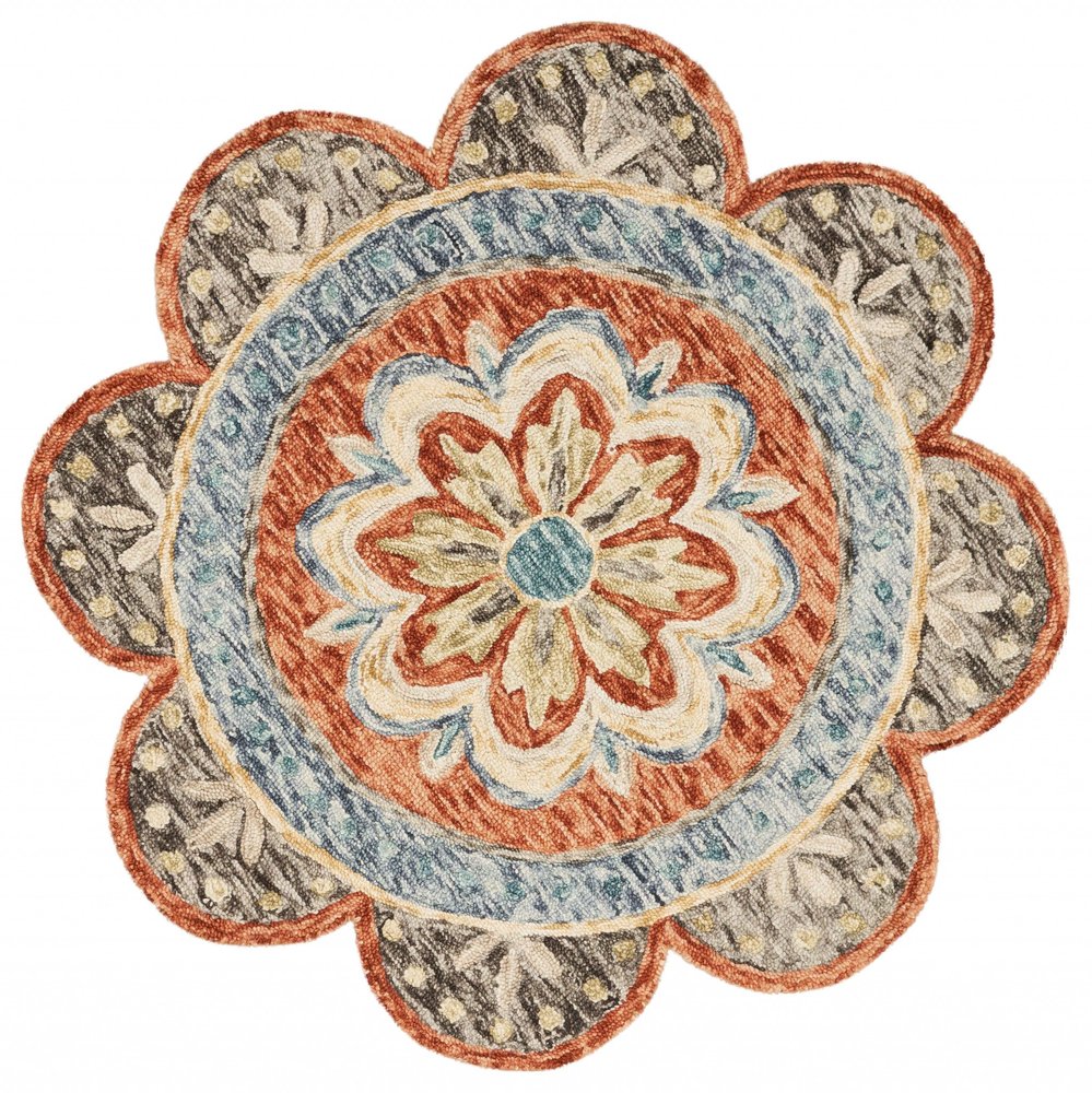 4' Orange And Red Wool Floral Hand Tufted Round Rug