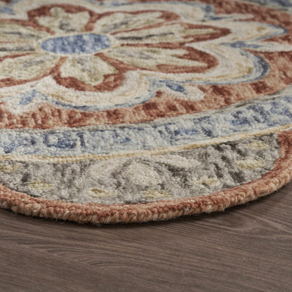 4' Orange And Red Wool Floral Hand Tufted Round Rug