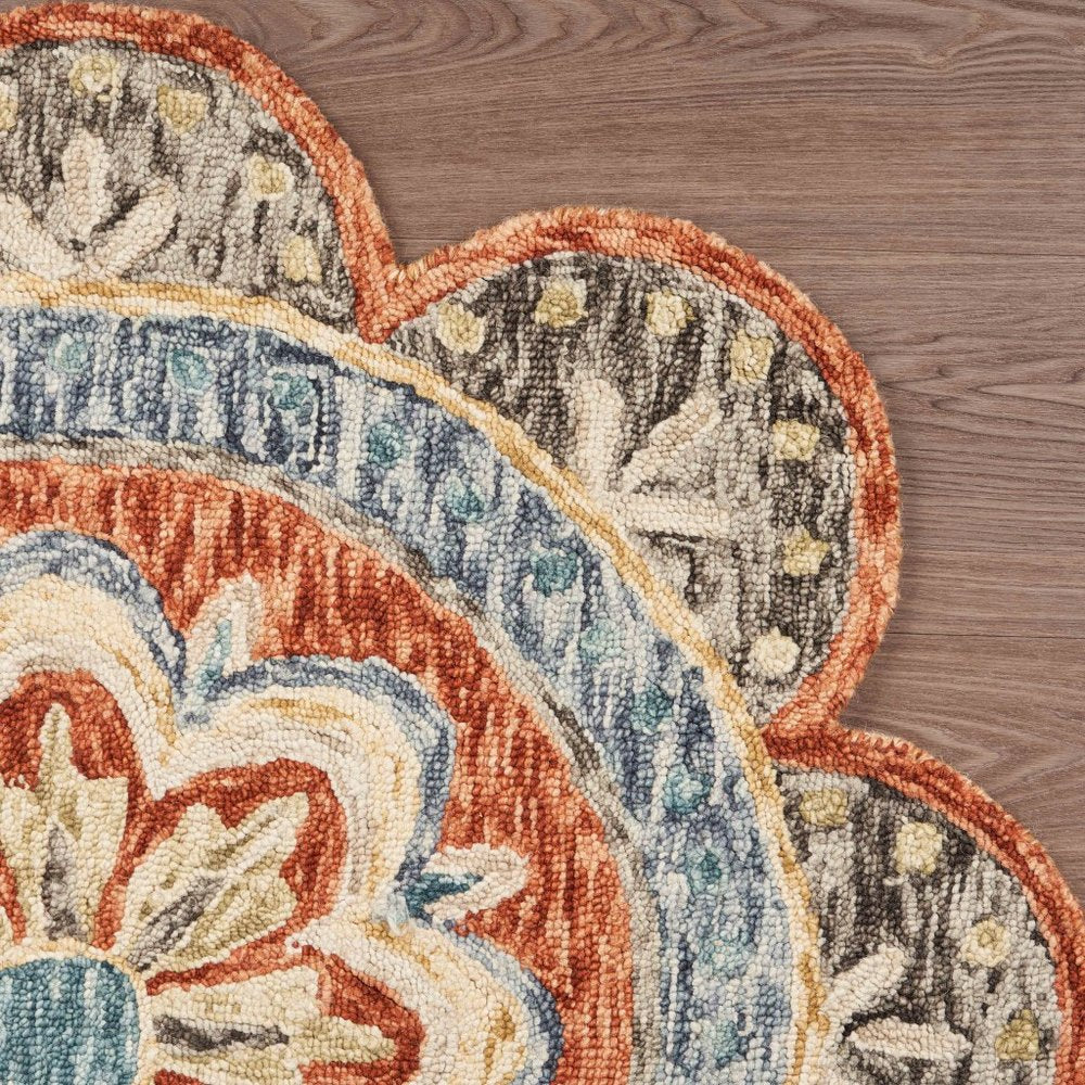 4' Orange And Red Wool Floral Hand Tufted Round Rug