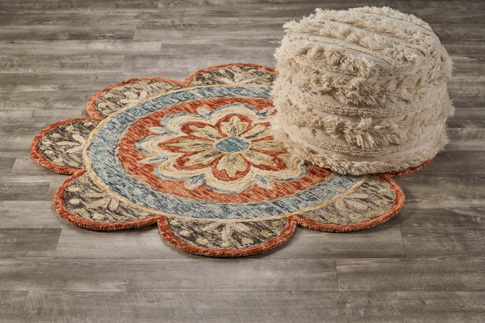 4' Orange And Red Wool Floral Hand Tufted Round Rug
