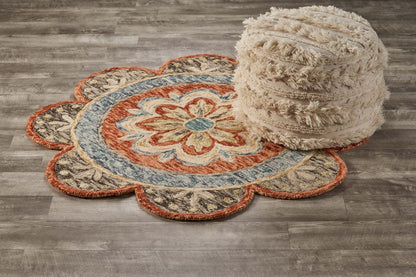 4' Orange And Red Wool Floral Hand Tufted Round Rug
