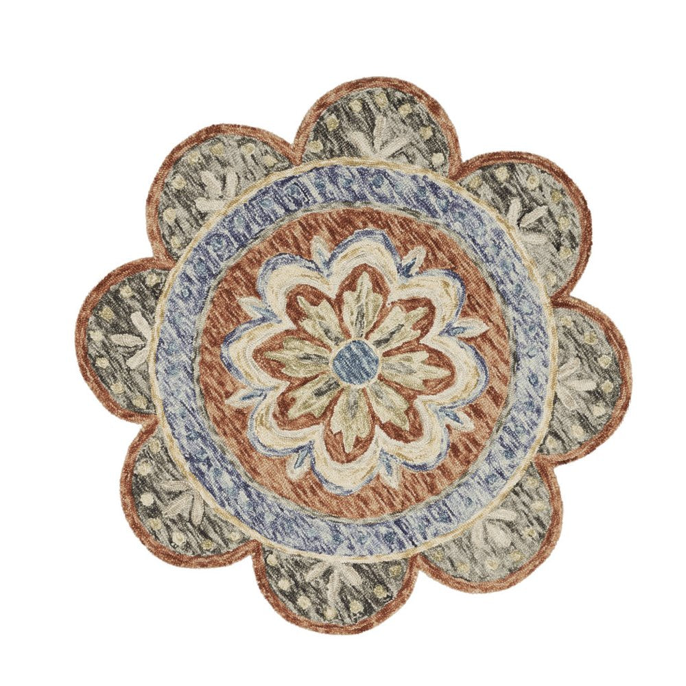4' Orange And Red Wool Floral Hand Tufted Round Rug