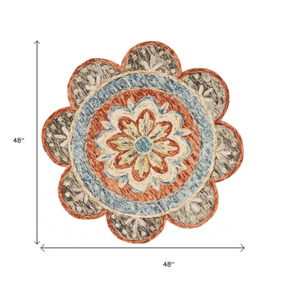 6' Orange And Red Wool Floral Hand Tufted Round Rug