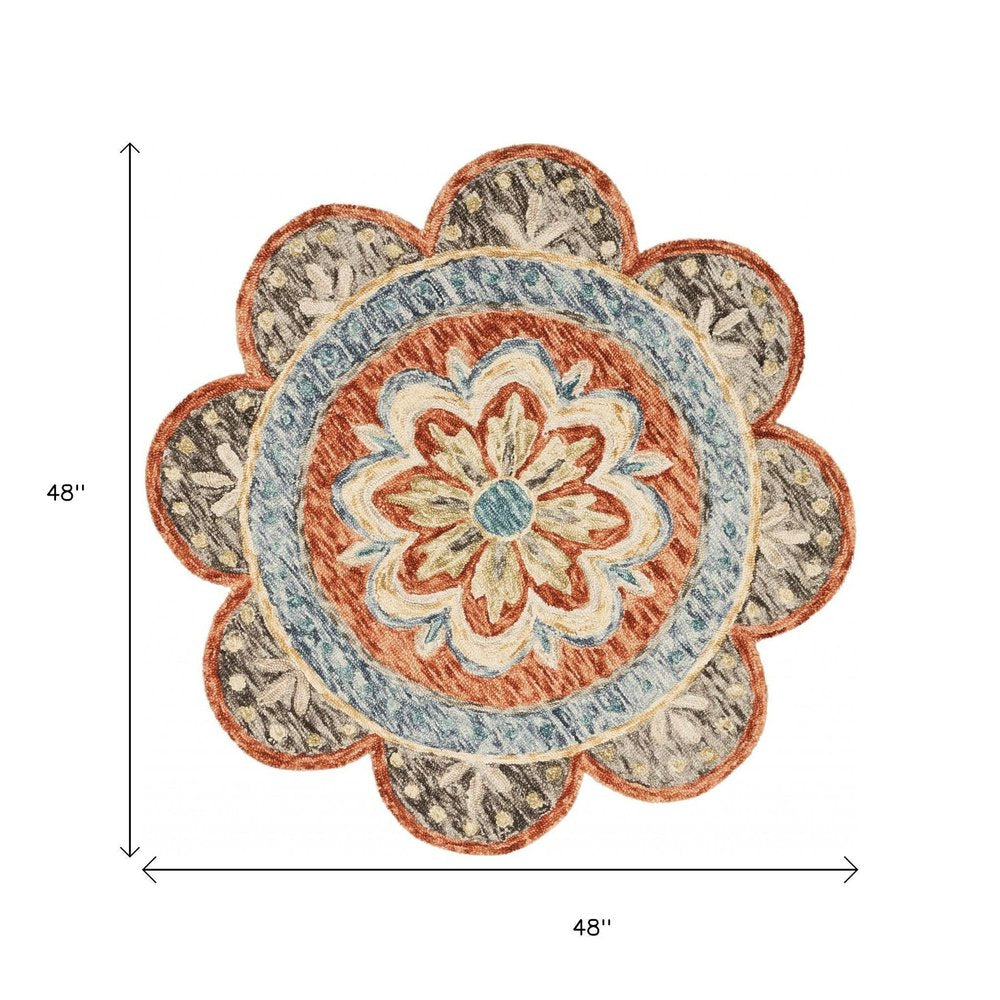 4' Orange And Red Wool Floral Hand Tufted Round Rug