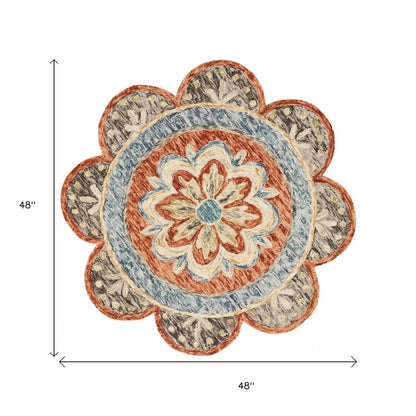 4' Orange And Red Wool Floral Hand Tufted Round Rug