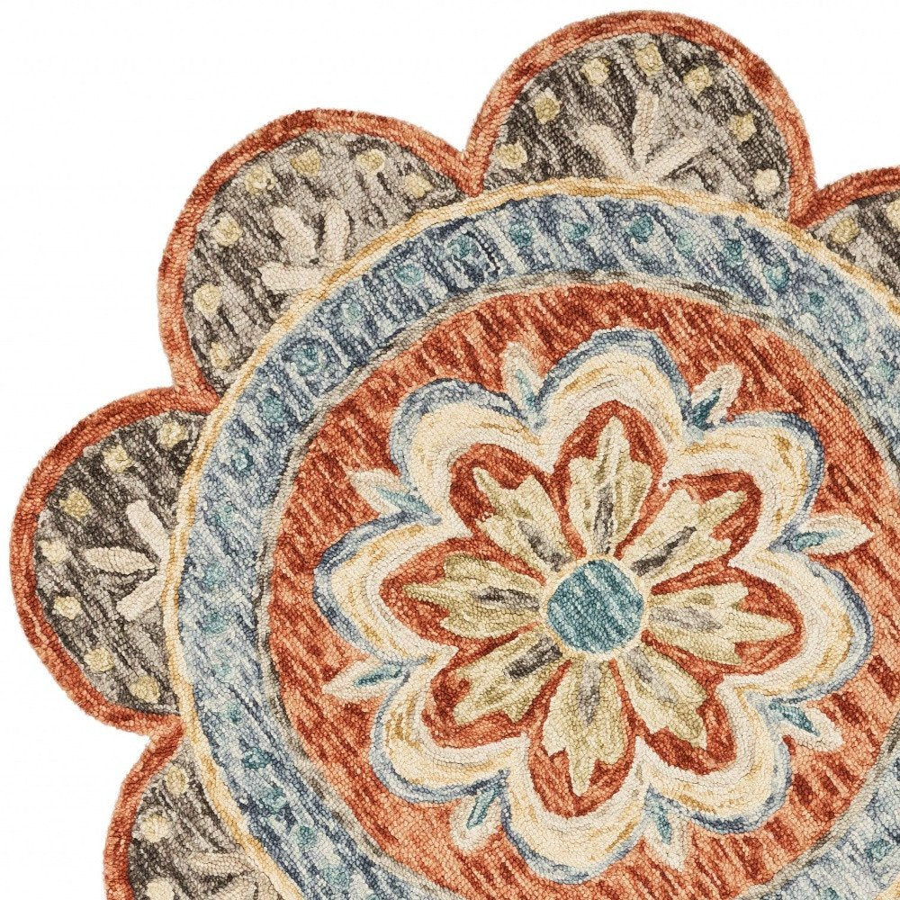 4' Orange And Red Wool Floral Hand Tufted Round Rug