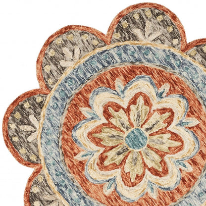 4' Orange And Red Wool Floral Hand Tufted Round Rug