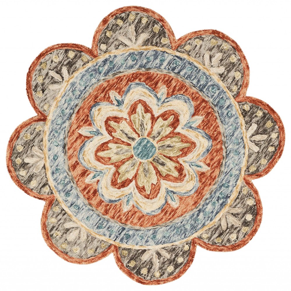 4' Orange And Red Wool Floral Hand Tufted Round Rug