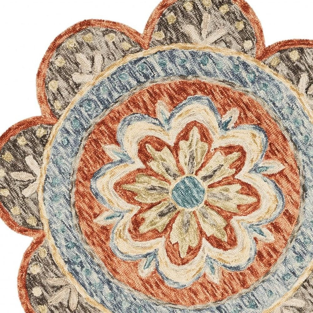 4' Orange And Red Wool Floral Hand Tufted Round Rug
