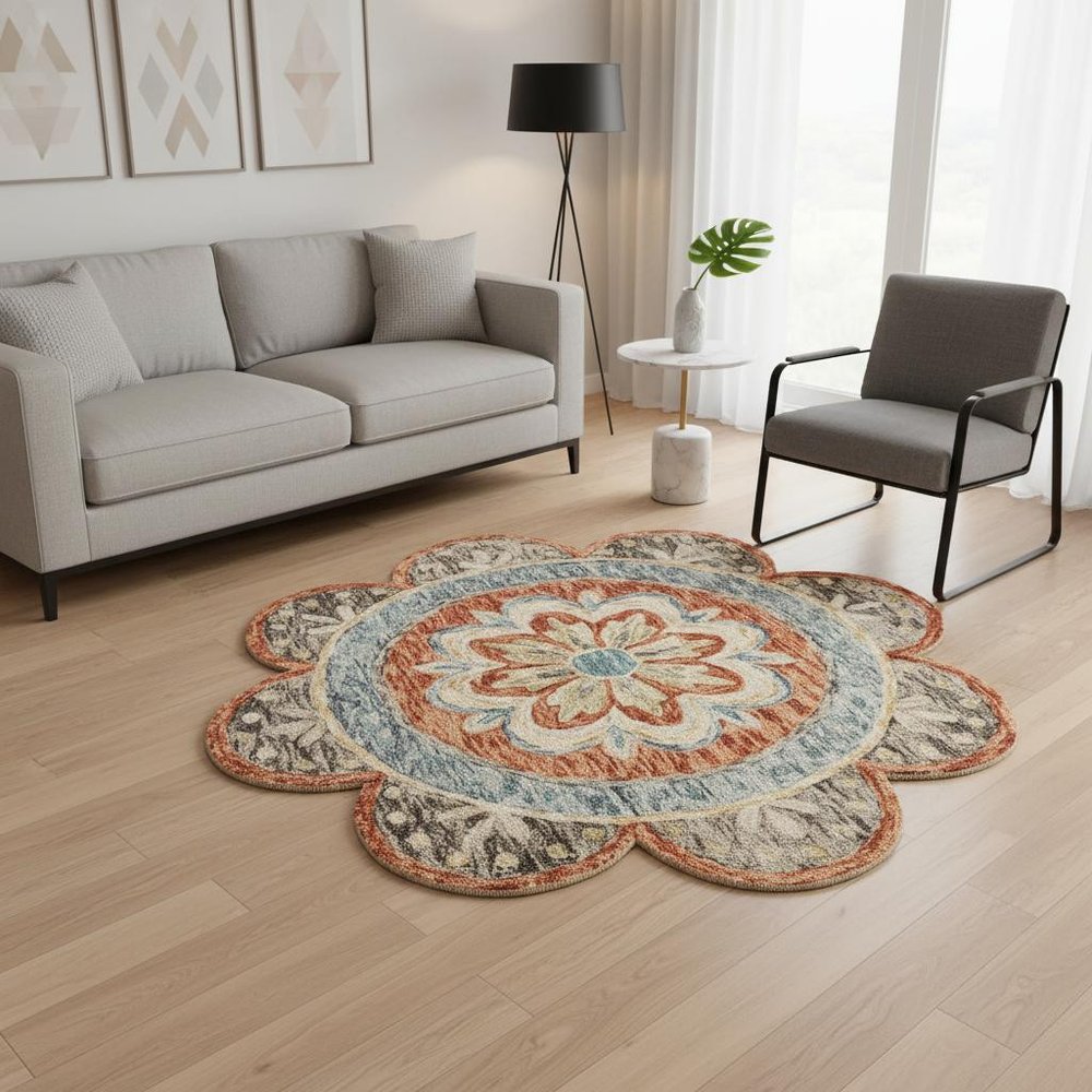 4' Orange And Red Wool Floral Hand Tufted Round Rug