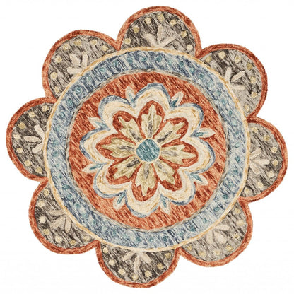 4' Orange And Red Wool Floral Hand Tufted Round Rug