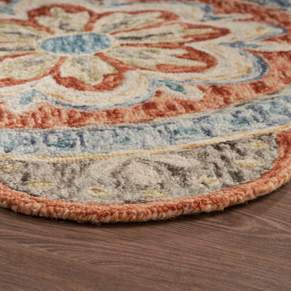 4' Orange And Red Wool Floral Hand Tufted Round Rug