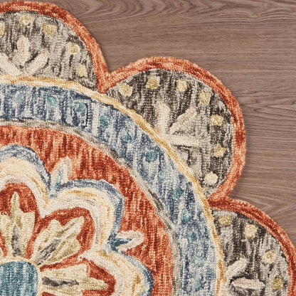 4' Orange And Red Wool Floral Hand Tufted Round Rug