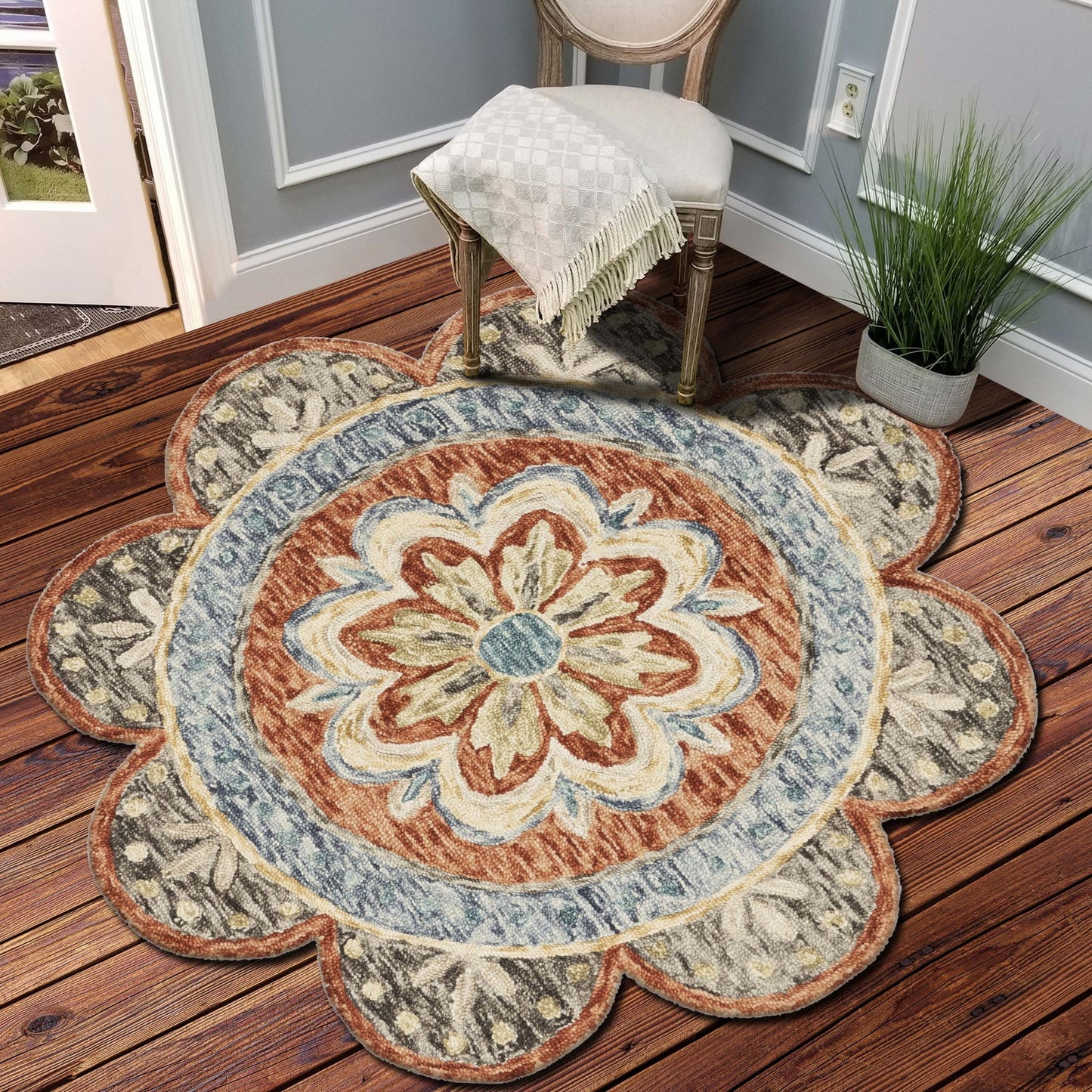 4' Round Orange Scalloped Edge Area Rug