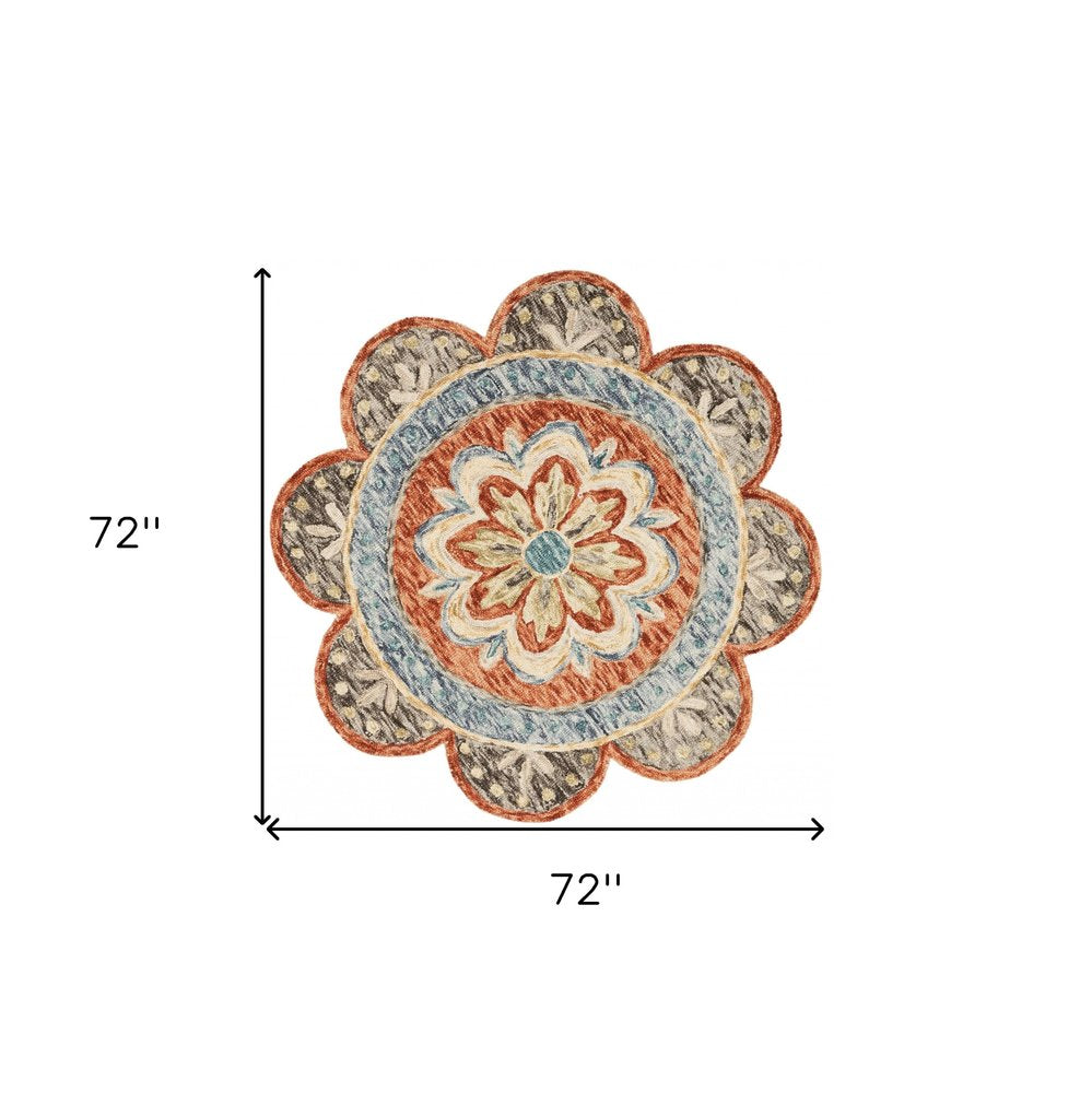 4' Orange And Red Wool Floral Hand Tufted Round Rug
