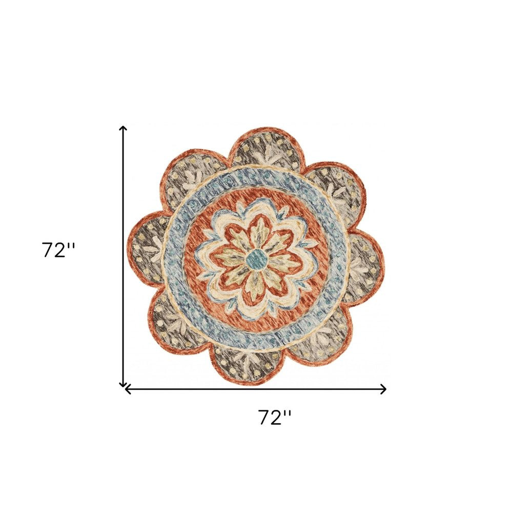 4' Orange And Red Wool Floral Hand Tufted Round Rug