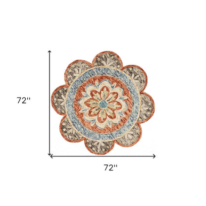 4' Orange And Red Wool Floral Hand Tufted Round Rug