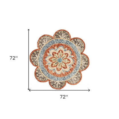 6' Orange And Red Wool Floral Hand Tufted Round Rug