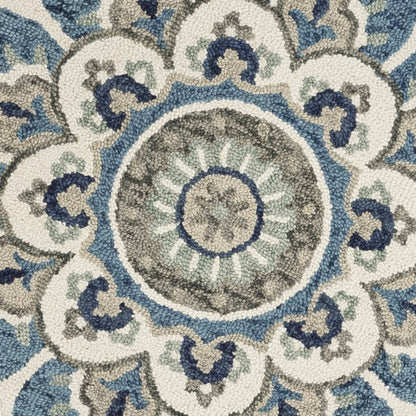 4' Blue and Cream Round Wool Floral Medallion Hand Tufted Area Rug