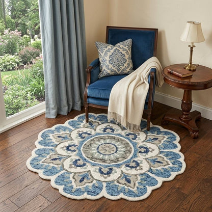 6' Ivory Teal Blue and Green Wool Hand Tufted Round Rug