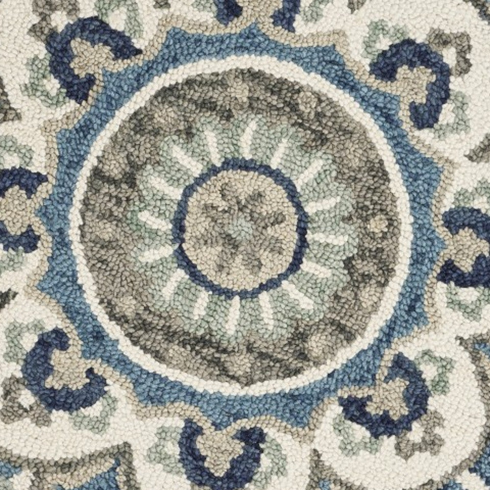 4' Blue and Cream Round Wool Floral Medallion Hand Tufted Area Rug