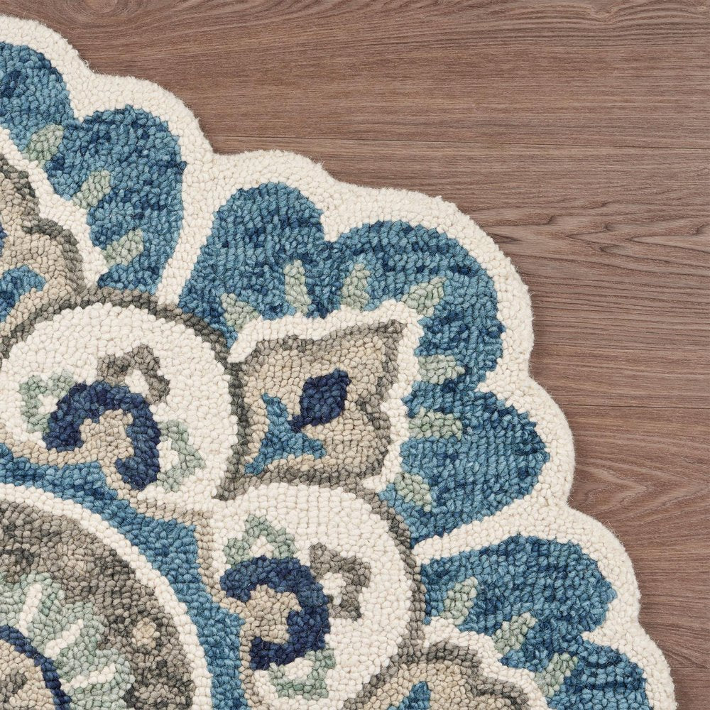 4' Blue and Cream Round Wool Floral Medallion Hand Tufted Area Rug