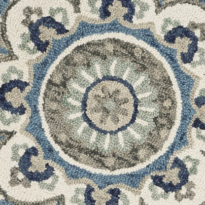 4' Blue and Cream Round Wool Floral Medallion Hand Tufted Area Rug