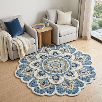 4' Blue and Cream Round Wool Floral Medallion Hand Tufted Area Rug