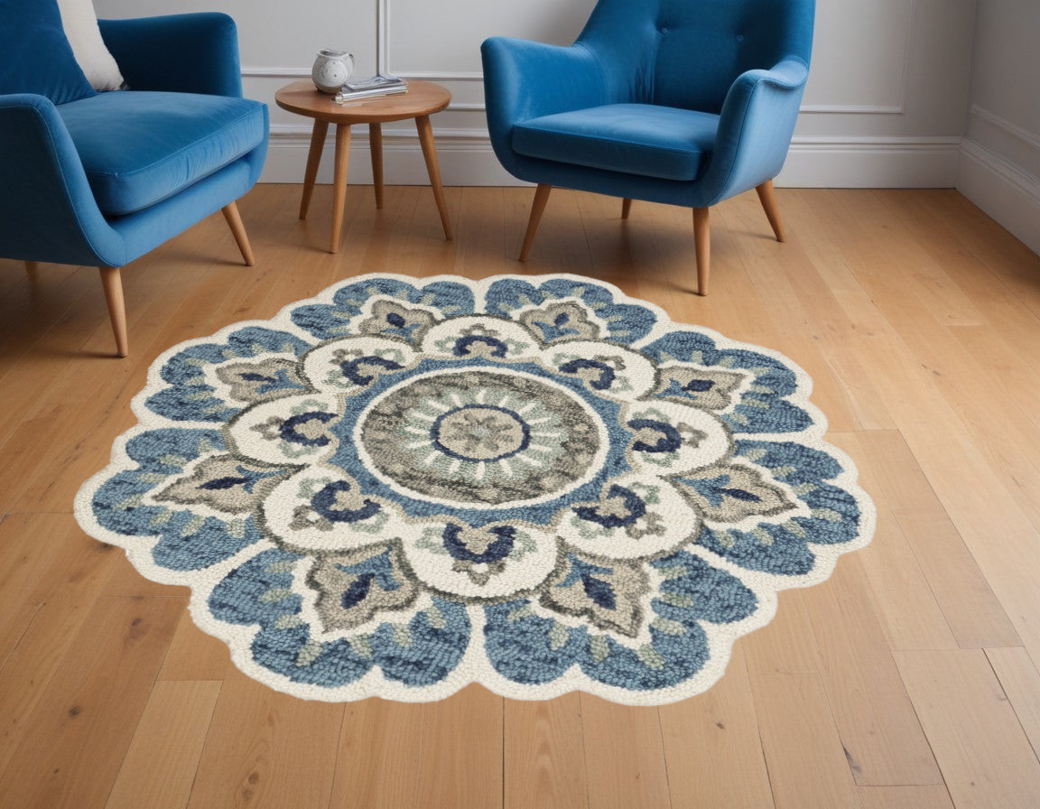 4' Blue and Cream Round Wool Floral Medallion Hand Tufted Area Rug