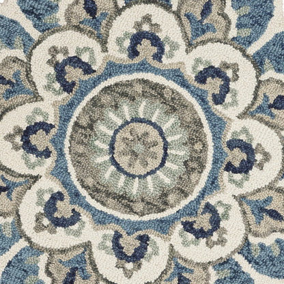 4' Blue and Cream Round Wool Floral Medallion Hand Tufted Area Rug