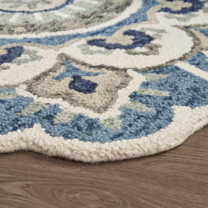 4' Blue and Cream Round Wool Floral Medallion Hand Tufted Area Rug