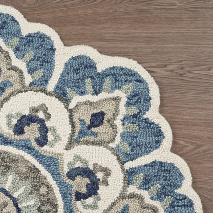 4' Blue and Cream Round Wool Floral Medallion Hand Tufted Area Rug