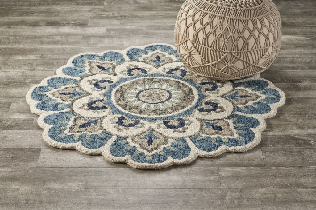 4' Blue and Cream Round Wool Floral Medallion Hand Tufted Area Rug