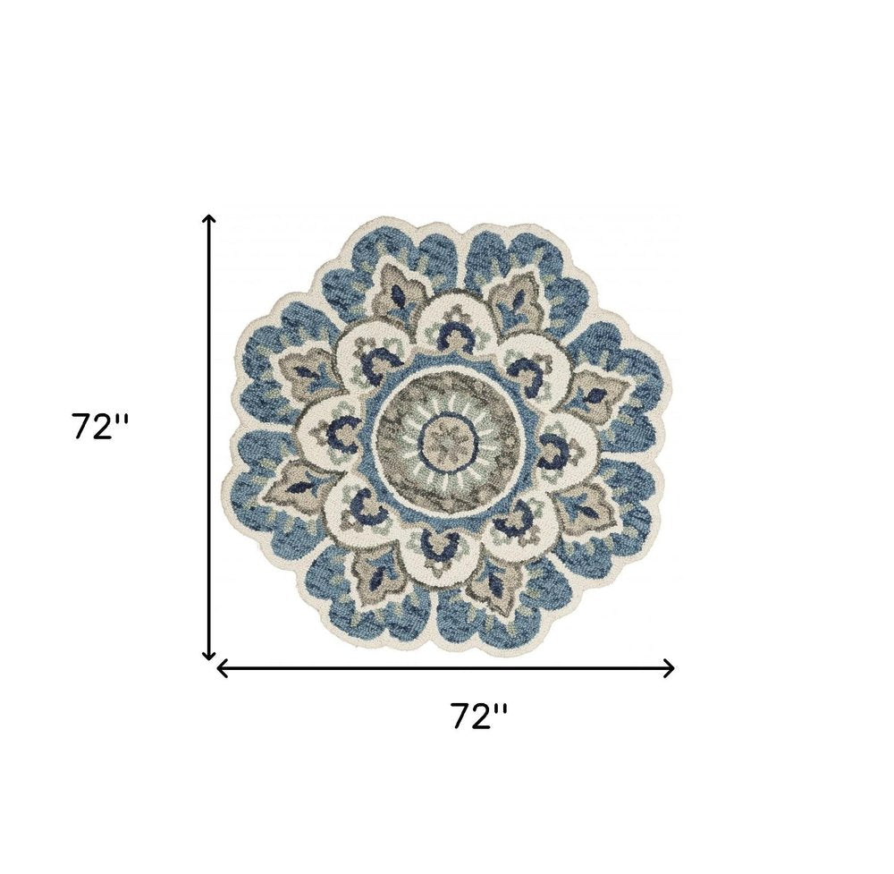 6' Ivory Teal Blue and Green Wool Hand Tufted Round Rug