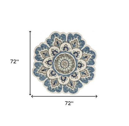 4' Blue and Cream Round Wool Floral Medallion Hand Tufted Area Rug