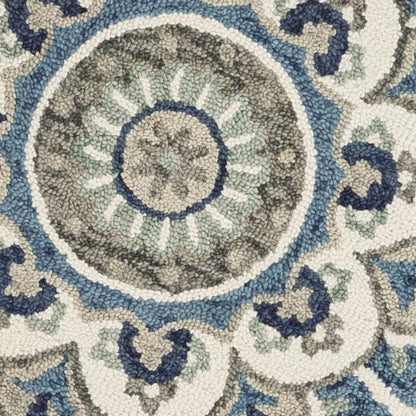 4' Blue and Cream Round Wool Floral Medallion Hand Tufted Area Rug