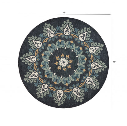 4' Round Black Floral Paradise Area Rug